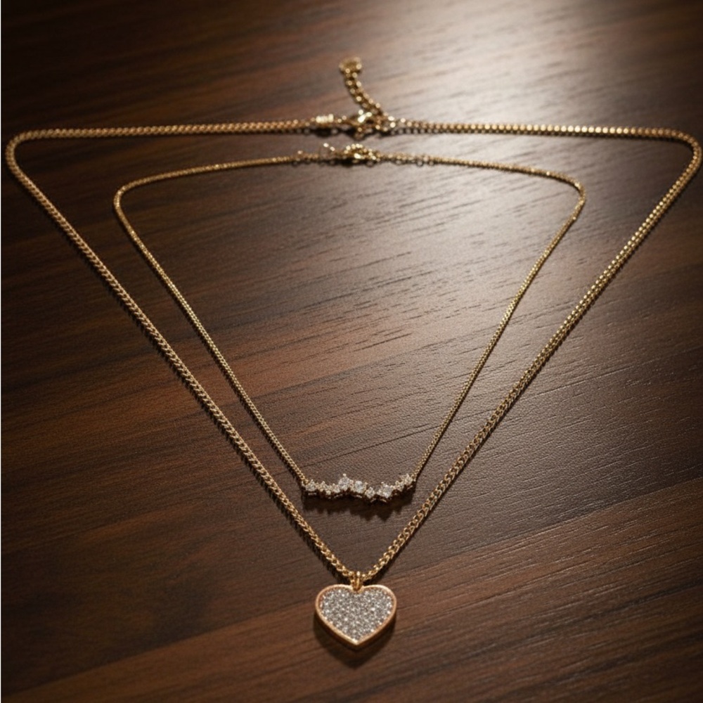 2 Necklace Set Gold Heart Pendant Necklace Unique Diamond Necklace